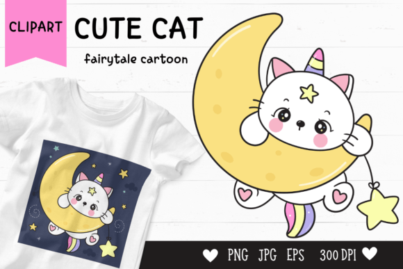 Download Cute Cat Cartoon on Moon Kawaii Clipart - Cat cartoon Collection